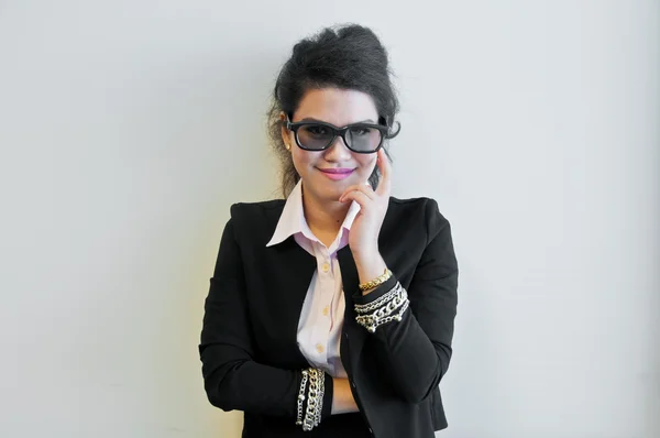 Business woman wear fashion sun glasses on white background