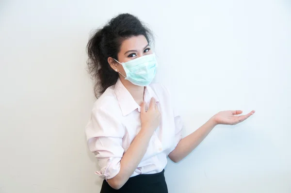 Business woman wear hygiene mask and present on left side