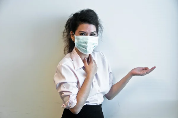 Business woman wear hygiene mask and present on left side