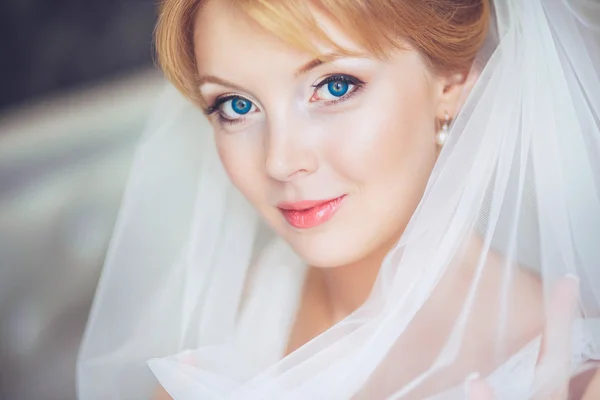 Beautiful young bride with wedding makeup and hairstyle in bedroom.Beautiful bride portrait with veil over her face. Closeup portrait of young gorgeous bride. Wedding.