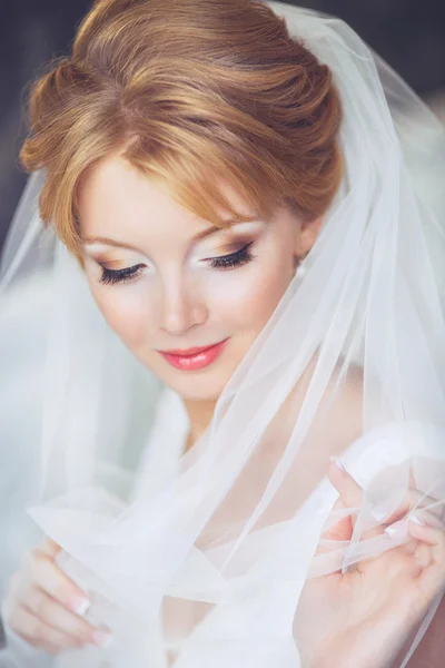 Beautiful young bride with wedding makeup and hairstyle in bedroom.Beautiful bride portrait with veil over her face. Closeup portrait of young gorgeous bride. Wedding.