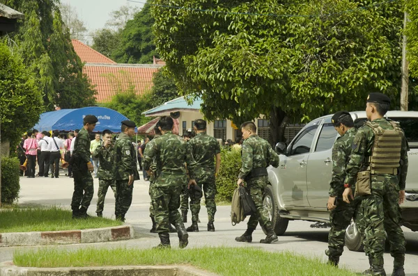 Thai soldiers walking go to checkpoint guardhouse for protect an