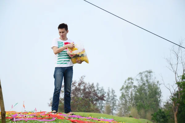 Thai man people praying Ancestor Worshipping with Sacrificial offering in the Qingming Festival