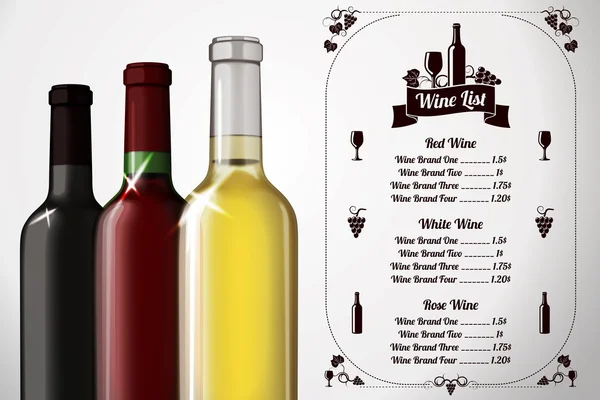 Menu template - for alcohol with three realistic wine bottles