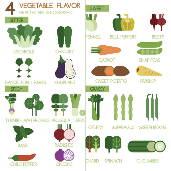 4 Vegetables flavour bitter, sweet, spicy and grassy Illustrator set