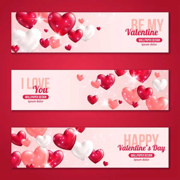 Valentines Day Horizontal Banners Set with Hearts for Holiday Design.