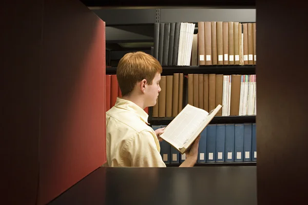 Male student reading in the library