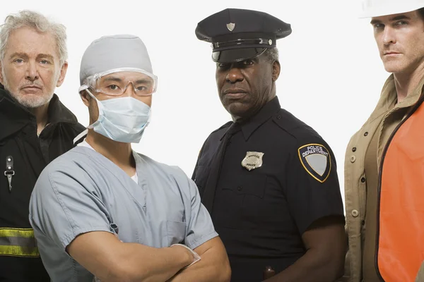 Firefighter, surgeon, police officer and construction worker