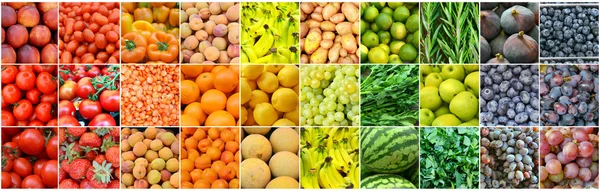 Collage of different healthy organic colorful fruit and vegetables in rainbow order