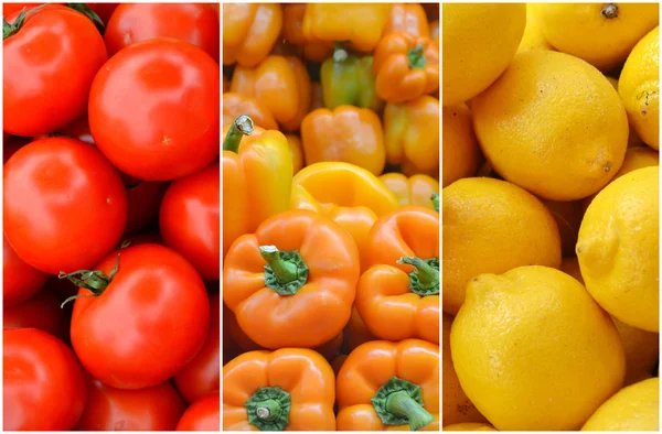 Collage of healthy organic red, yellow and orange fruit and vegetables