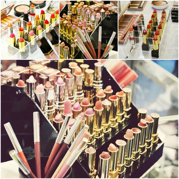 Collage of different cosmetic brushes for makeup and set of colorful lipsticks with other cosmetics on a dressing table