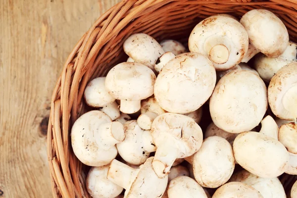 Raw white mushrooms champignons in a basket