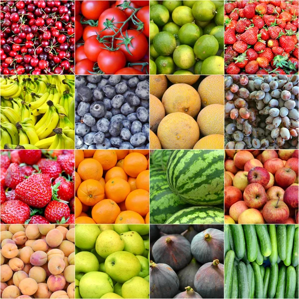 Collage of healthy organic berries, fruit and vegetables - oranges, apples, strawberries, blueberries, cherries, grapes