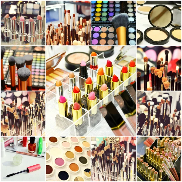 Collage of different cosmetic brushes for makeup and set of colorful lipsticks with other cosmetics on a dressing table