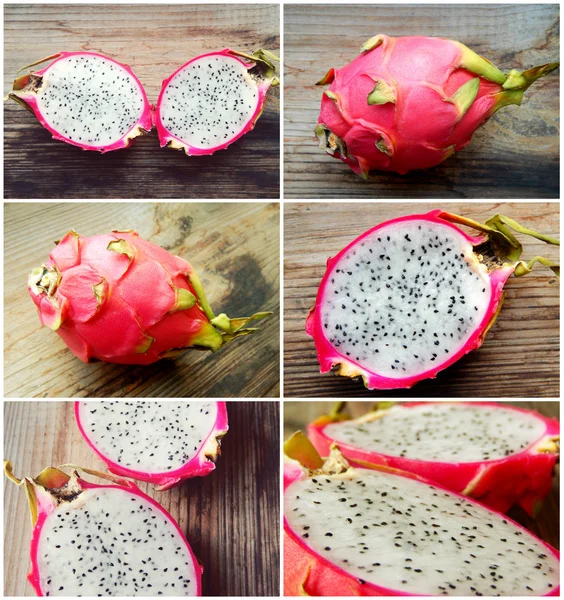Collage of juicy pink pitaya whole and cut in two pieces on wooden table closeup