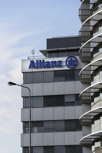 Financial and insurance group Allianz logo on the building of the Czech Allianz headquarters