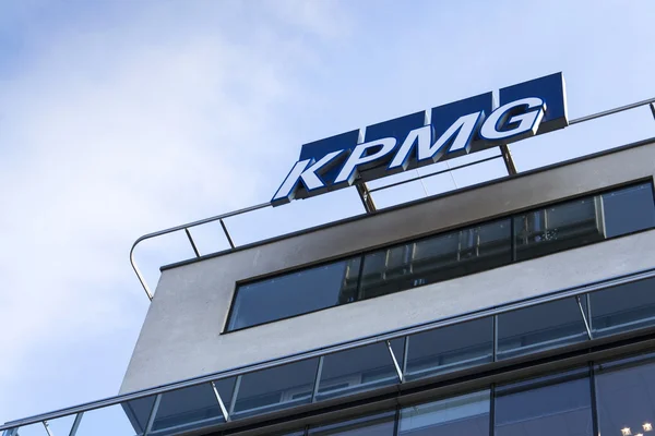 Professional service company KPMG logo on the building of the Czech headquarters