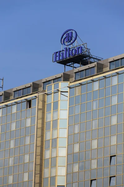 Hilton hotels and resorts logo on the building of Hilton Prague hotel o