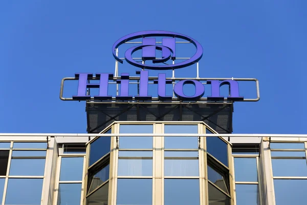Hilton hotels and resorts logo on the building of Hilton Prague hotel o