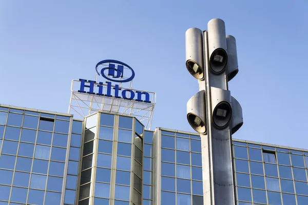 Hilton hotels and resorts logo on the building of Hilton Prague hotel o