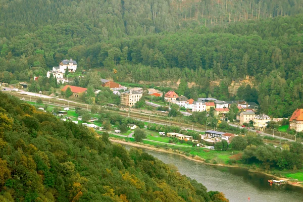 Village with houses near the river