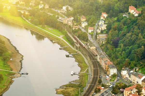 Village with houses near the river