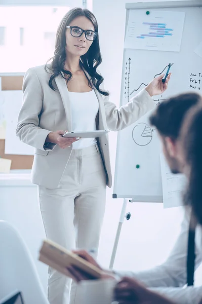 Businesswoman pointing at whiteboard