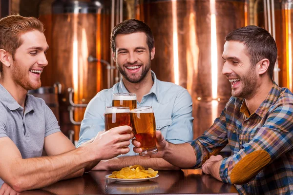 Young men in casual wear toasting with beer