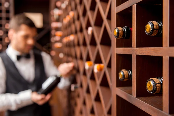 Wine shelves and male sommelier