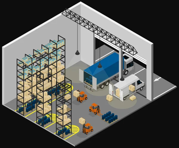 Vector isometric illustration of interior of warehouse and unloading of delivery vehicles. Equipment for cargo delivery.