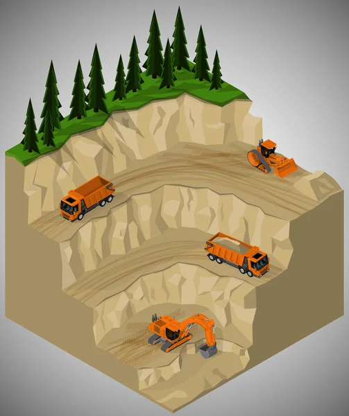 Vector isometric illustration of sand quarry development and involving machinery. Equipment for high-mining industry.