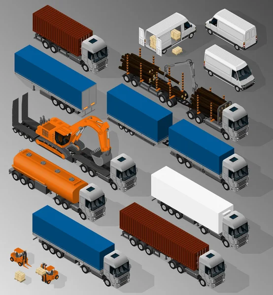 Vector isometric illustration of a set of cars and trucks for delivery of cargoes. Equipment for cargo delivery.
