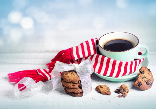 Winter xmas concept coffee & cookies concept background.