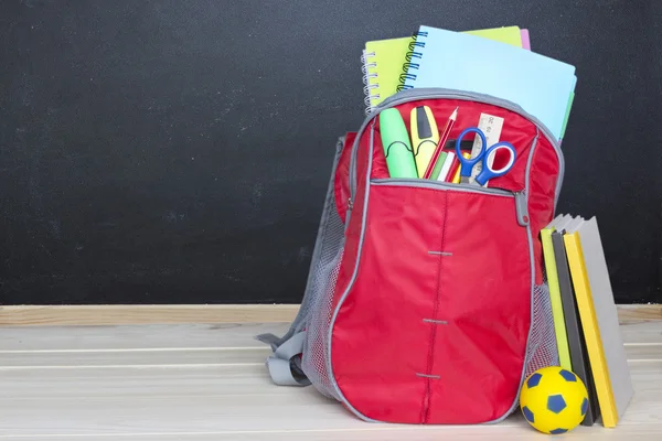 School bag rucksack supplies inside.Back to school background.