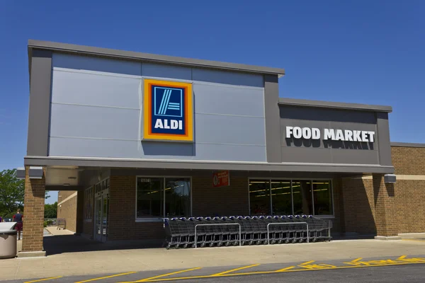 Indianapolis - Circa June 2016: Aldi Discount Supermarket. Aldi sells a range of grocery items, including produce, meat & dairy, at discount prices VII