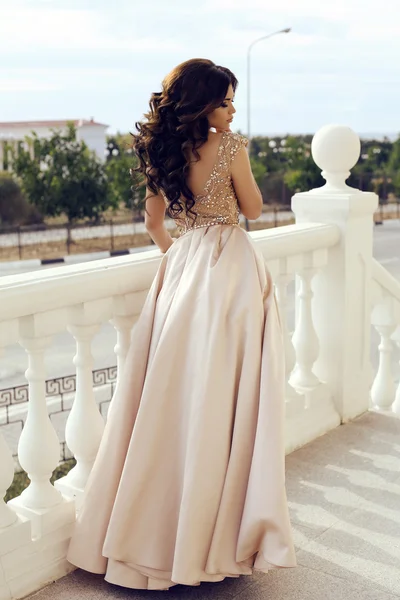 gorgeous woman with dark hair in luxurious elegant dress