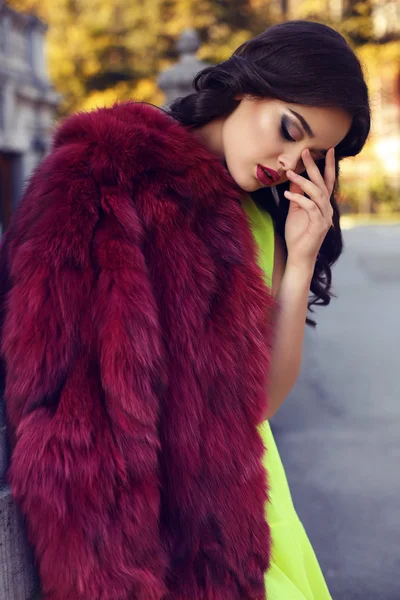 Beautiful woman with dark hair wearing luxurious red fur