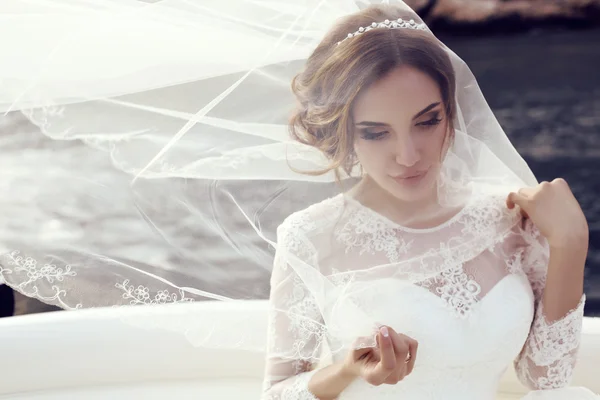 Beautiful sensual bride with dark hair in luxurious lace wedding dress