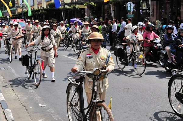 Old military uniforms and bicycles, Yogyakarta city festival parade