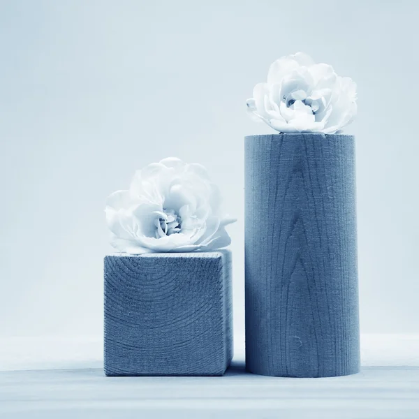 Wooden cylinders and white roses with light grey background
