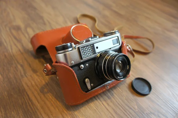 Vintage film camera in leather case