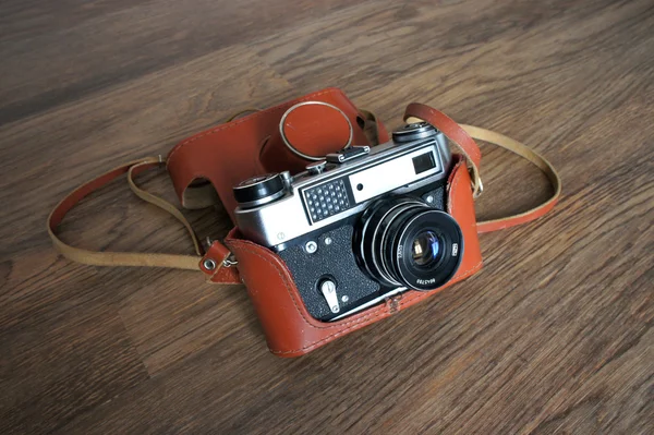 Vintage film camera in leather case