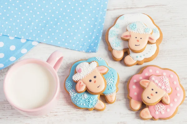 Winter gingerbread sheep with cup of milk