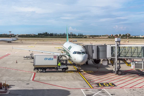 ALITALIA airplane parked at terminal. loading and maintenance operations before to flight