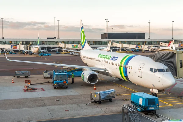 Transavia airlines boeing 737-700 parked at terminal for loading