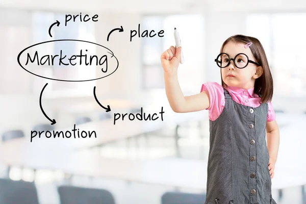 Cute little girl wearing business dress and writing marketing concept - product, price, place, promotion. Office background.