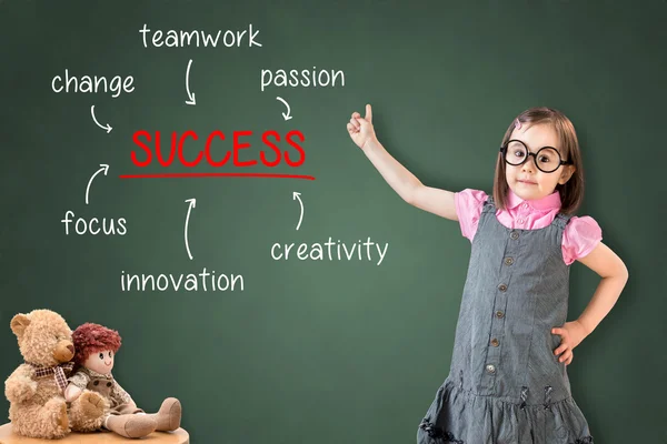 Cute little girl wearing business dress and showing success diagram on green chalk board.