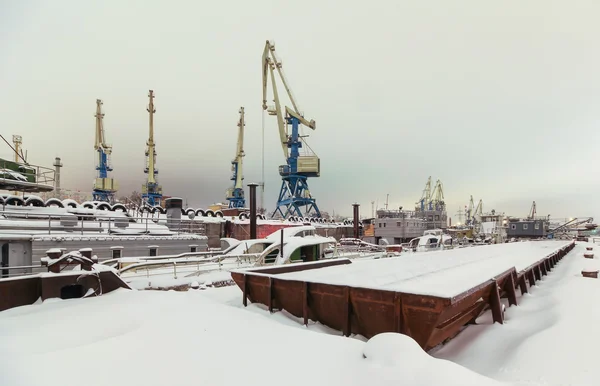 Night view of harbor cranes on the waterfront of the port covered with snow. Focus on the central crane