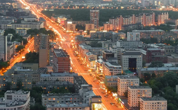 Top view of Moscow city skyline. View on a great street in the center of Moscow with heavy traffic in the evening