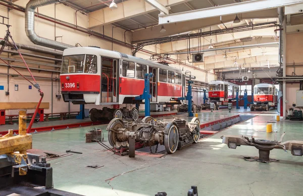 MOSCOW/RUSSIA - JUNE , 2014; Maintenance of tram Tatra T3A in workshop. Krasnopresnenskaya tram depot, Strogino.